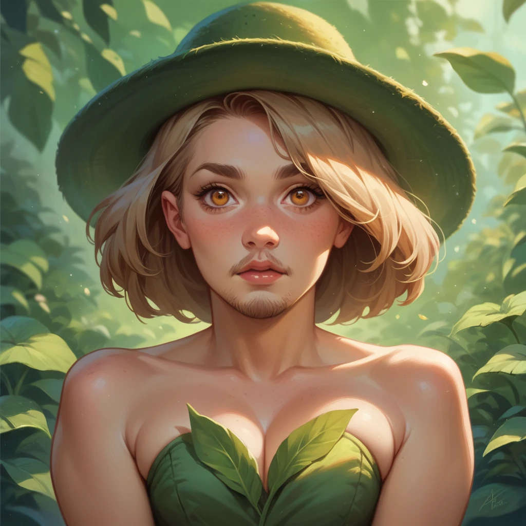 bushy shaggy bearded woman, facial hair, short light brown hair, amber eyes, green peter pan hat