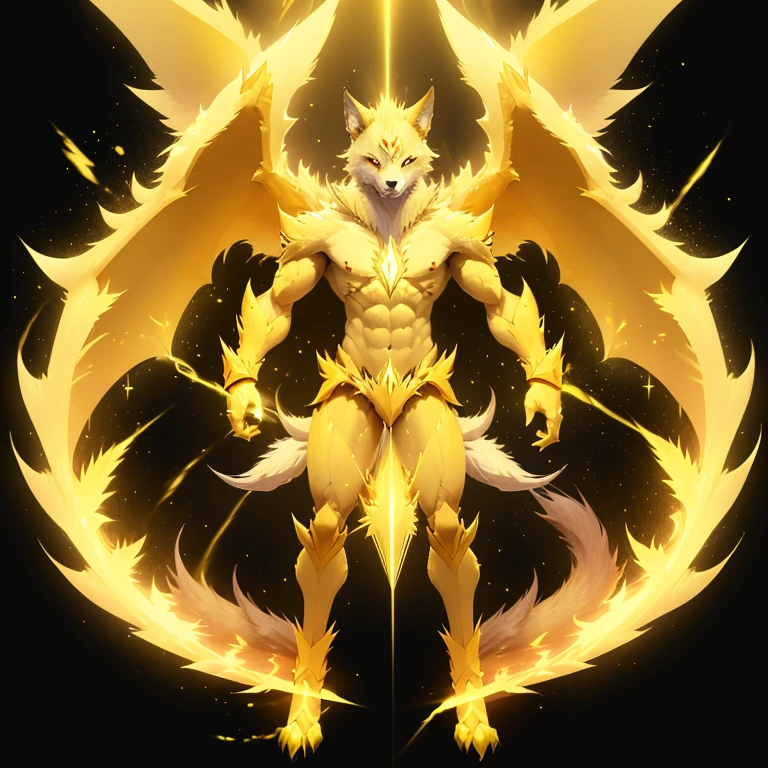 (1 wolf) full body, a white eyed yellow wolf, a winged four pointy ears yellow wolf with yellow lightning, yellow spike feathers, yellow spike wings, yellow energy around, yellow lightning background, yellow electricity