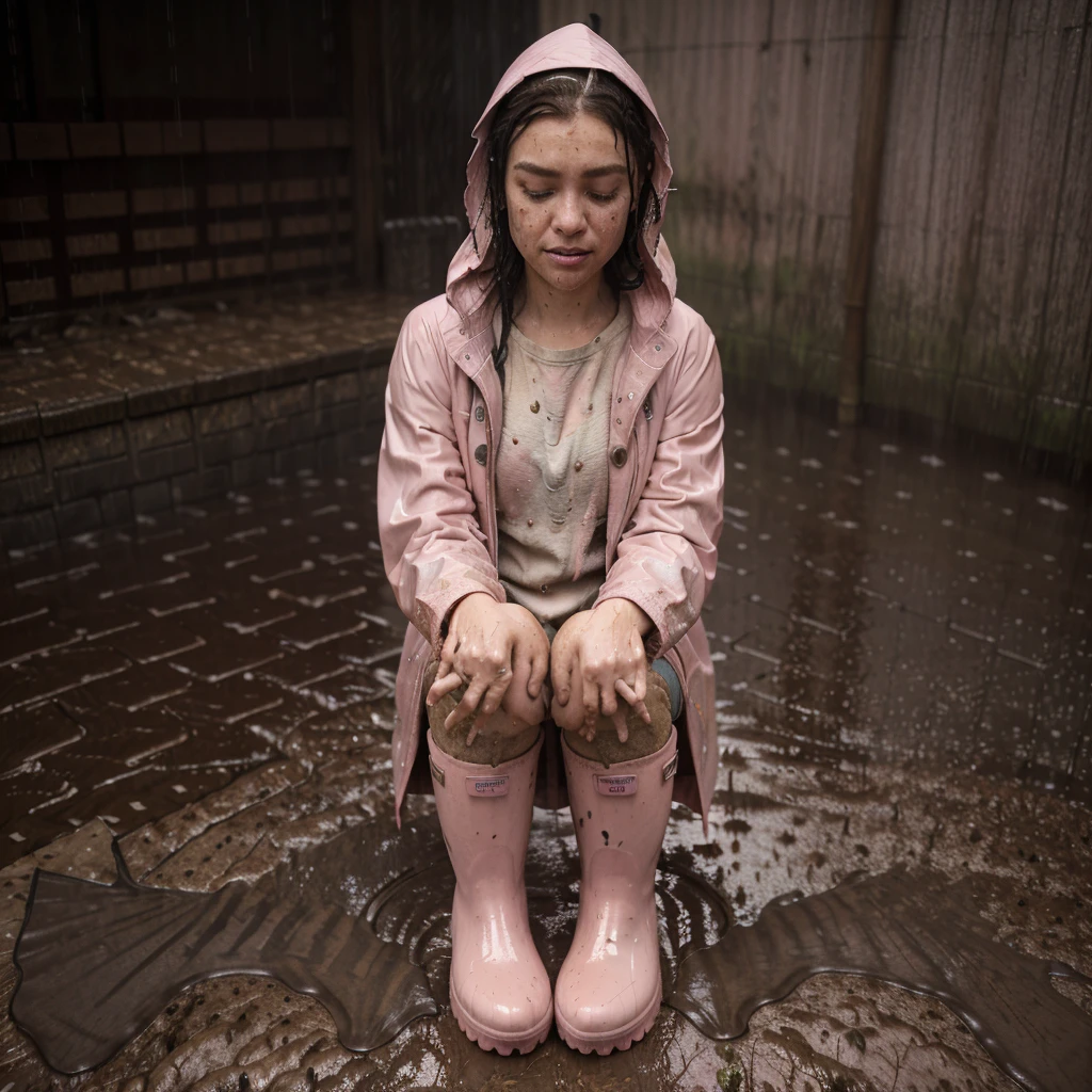 (masterpiece:1.2, best quality), (real picture, intricate details), (night, dark, downpour:1.4)
There was no one in the alley, and the surroundings were silent, only the raindrops sprinkled on the tile eaves of the low houses near and far, making a slight rustling sound. In the cold rain, (1girl, light pink buttoned raincoat, tall pink rainboots, muddy clothes, mud splatters on clothes ,  sad, tears in eyes, shivering:1.2) squatting on the ground, 