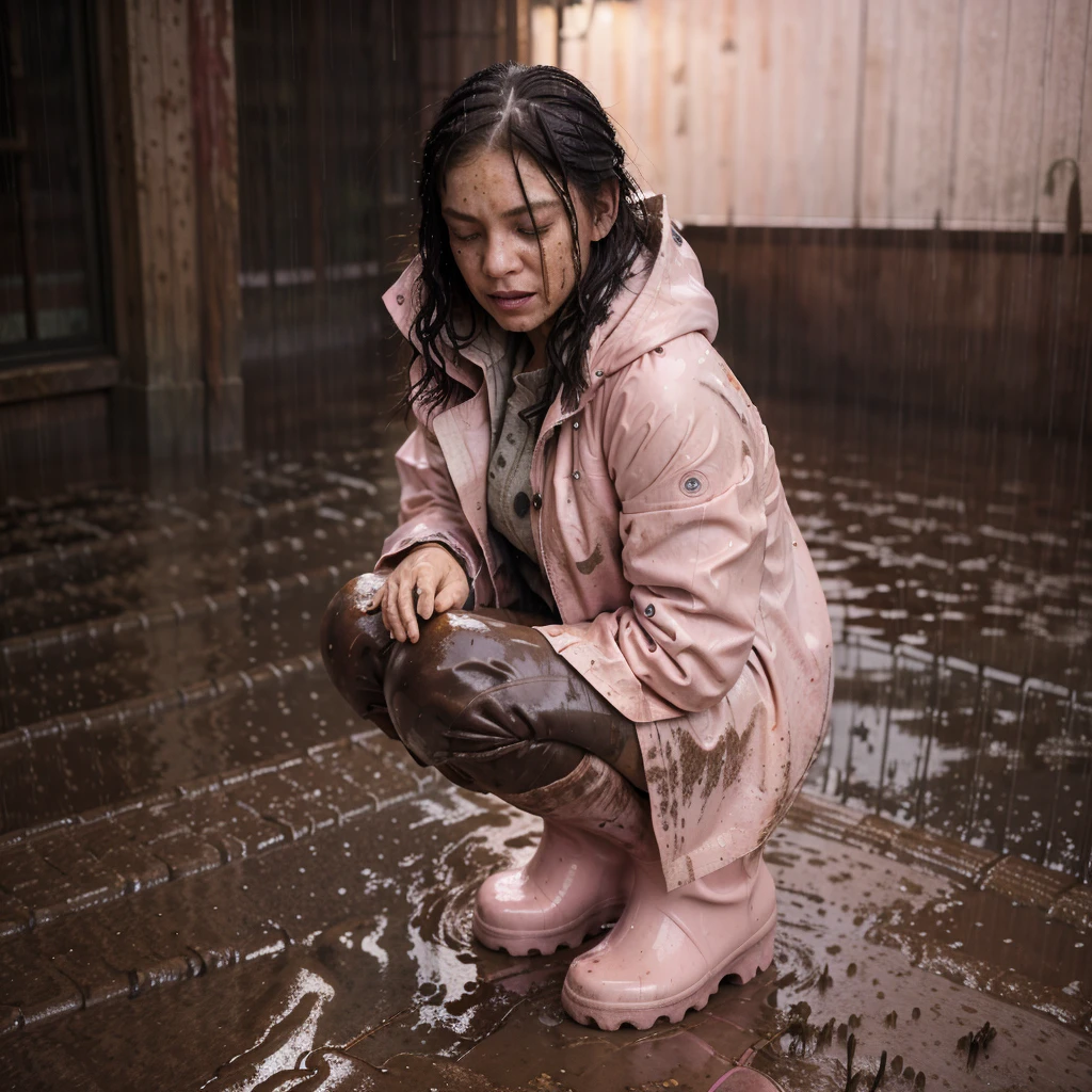 (masterpiece:1.2, best quality), (real picture, intricate details), (night, dark, downpour:1.4)
There was no one in the alley, and the surroundings were silent, only the raindrops sprinkled on the tile eaves of the low houses near and far, making a slight rustling sound. In the cold rain, (1girl, light pink buttoned raincoat, tall pink rainboots, muddy clothes, mud splatters on clothes , sad, tears in eyes, shivering:1.2) squatting on the ground,