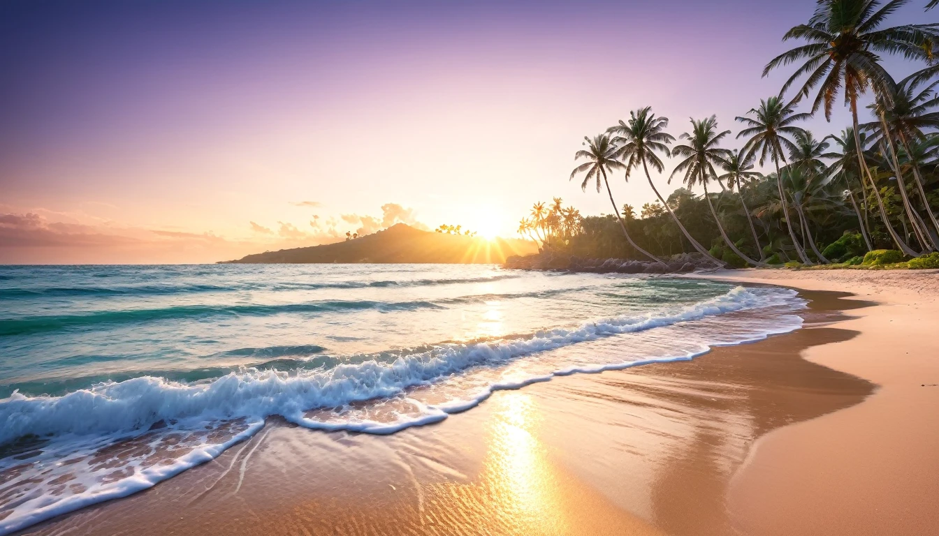 Best Quality, master piece, high resolution, Raw photo, Professional Lighting, high-level image quality, high-detail, masterpiece depicting stunning sunrise on tropical beach with gentle waves and palm trees along the coast。The color palette is vivid、It is necessary to convey a sense of renewal and positive energy.