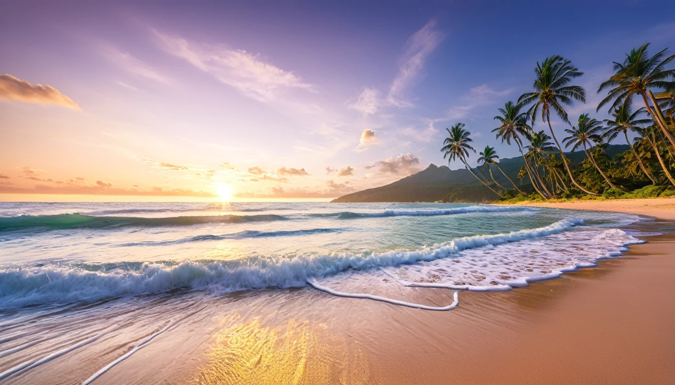 Best Quality, master piece, high resolution, Raw photo, Professional Lighting, high-level image quality, high-detail, ​masterpiece depicting stunning sunrise on tropical beach with gentle waves and palm trees along the coast。The color palette is vivid、It is necessary to convey a sense of renewal and positive energy.