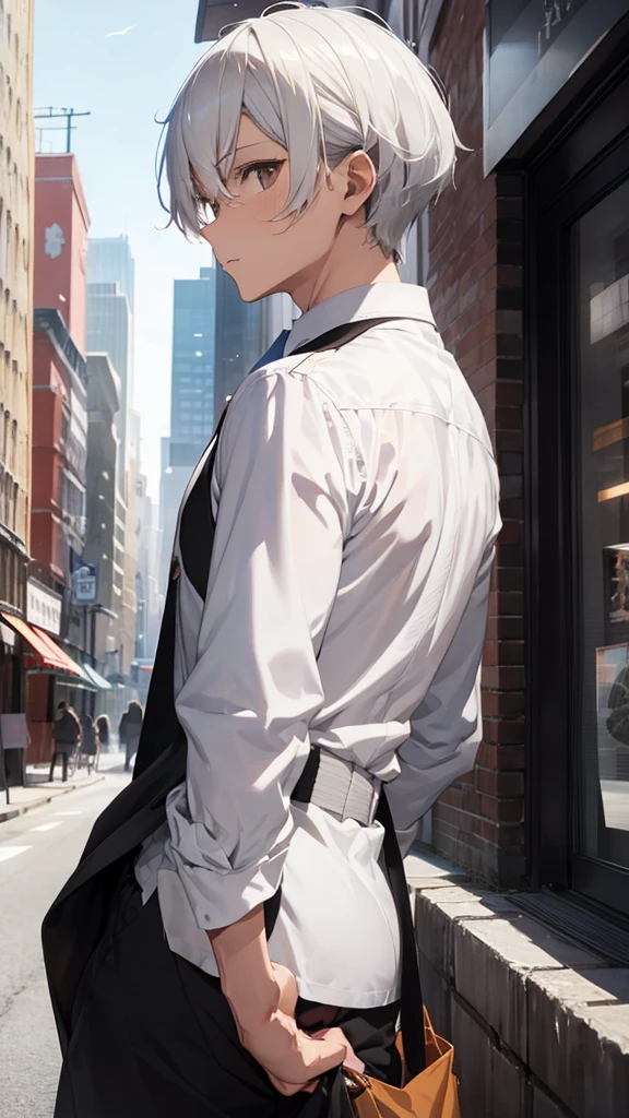 A half-body portrait of man with Smoky white hair, brown eyes ,black suit, look back ,(look back) city view