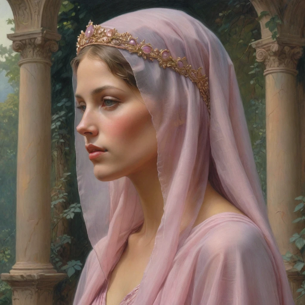 Masterpiece, ((realistic)), (propaganda poster), (((Moebius Jean Giraud))), ((((profile portrait of a veiled and Roman woman, tiara, young, priestess, sensual, cruel, dignified, proud, arrogant, wearing silk pink and mauve robes with detailed moth, rose elements)))), (((Corinthian columns, jungle background, moths)))