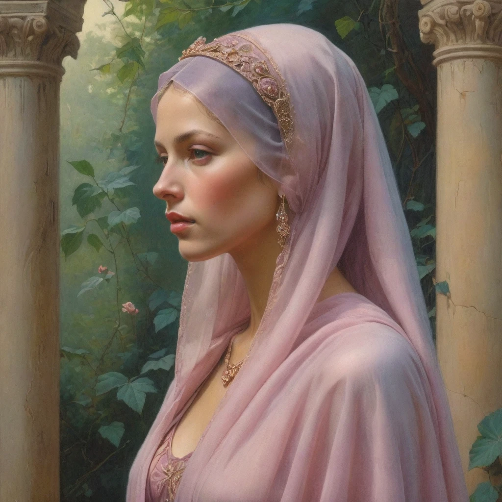 Masterpiece, ((realistic)), (propaganda poster), (((Moebius Jean Giraud))), ((((profile portrait of a veiled and Roman woman, tiara, young, priestess, sensual, cruel, dignified, proud, arrogant, wearing silk pink and mauve robes with detailed moth, rose elements)))), (((Corinthian columns, jungle background, moths)))
