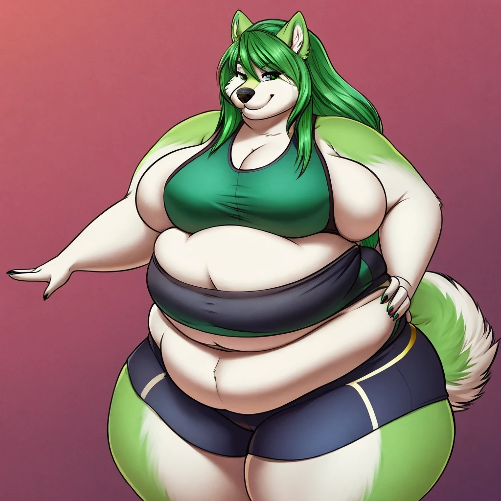 Malamute, female, long hair, gorgeous, beautiful, eyelashes, voluptuous, plump, belly rolls, fat arms, fat legs, ,tank top, shorts ,huge saggy breasts , ,cute,fringe on eye,heavy top, huge hips huge thighs heavy bottom ,sports bra,sports shorts, simple background , morbidly obese, belly rolls, fat rolls, belly rolls,belly overhang,rolled up tail, light green fur,green hair,green eyes 