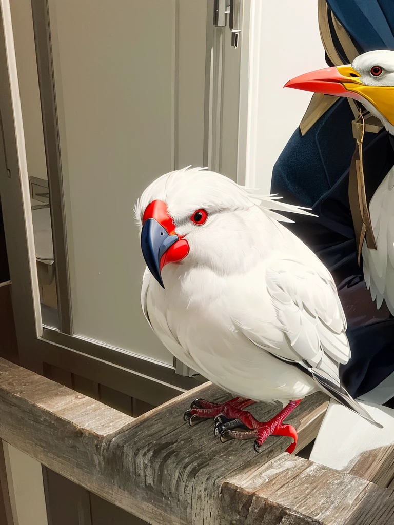 masterpiece , best quality, A fifty-year-old bird with a red beak is perched on a person&#39;s arm, Pet Birds, Shot on Sony Alpha 9, Albinomistic, Watching birds, Shot with Sony A7R camera, Albino dwarves, Cheeky look, birb, Pubic Pose, Intense albinism, Looking away from the camera, Photo taken with Sony a7r