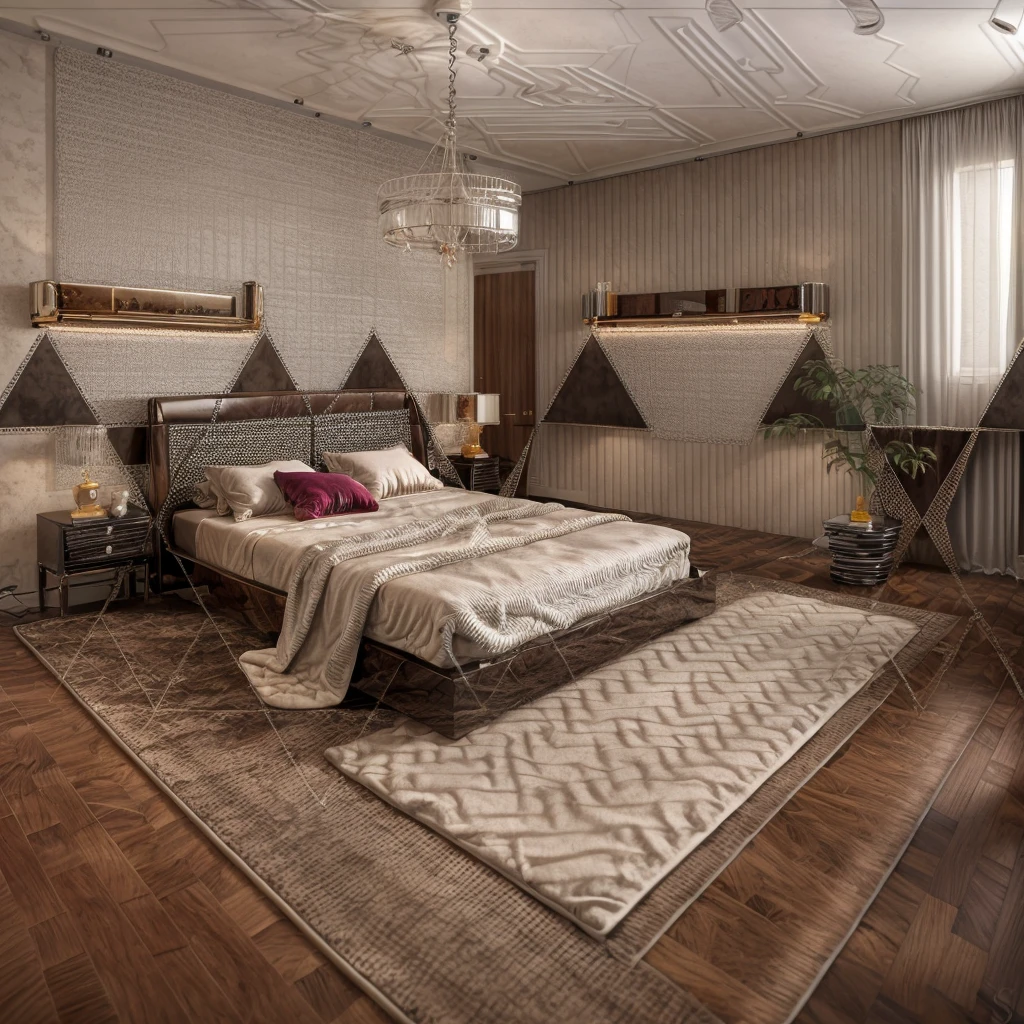 luxury bedroom, cozy lighting, elegant color scheme, 
wood floor, decoration wall, luxury chandelier, rug, luxury bed, lamp light,The color coordinates match the colorful, modern style of the triangle shape.