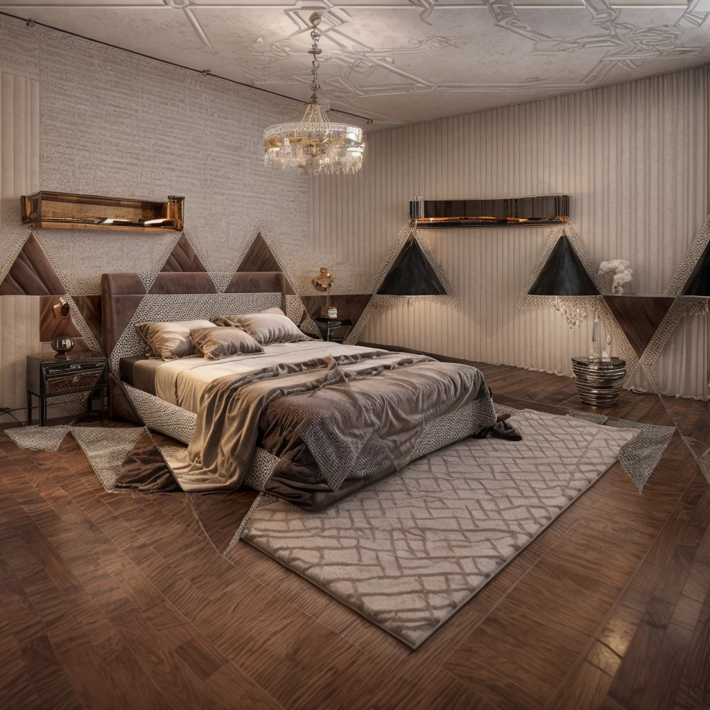 luxury bedroom, cozy lighting, elegant color scheme, 
wood floor, decoration wall, luxury chandelier, rug, luxury bed, lamp light,The color coordinates match the colorful, modern style of the triangle shape.