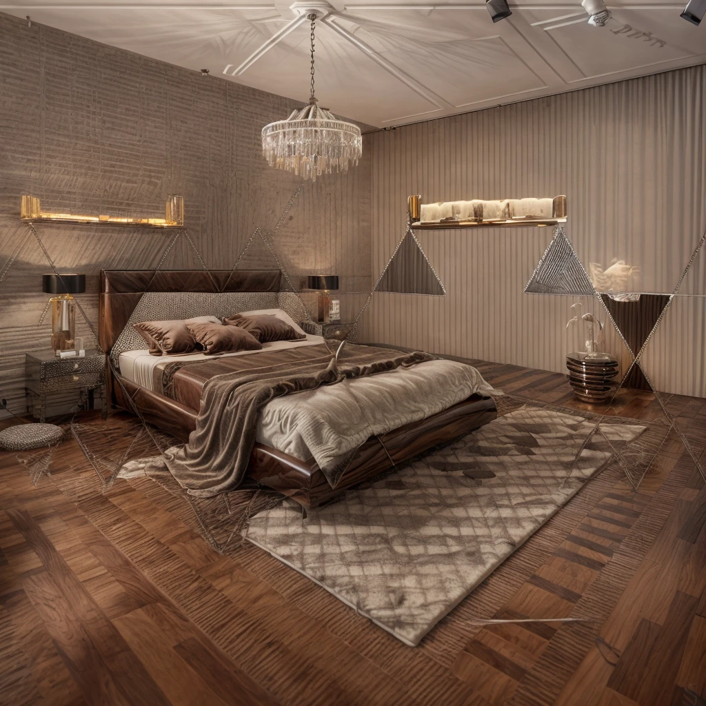 luxury bedroom, cozy lighting, elegant color scheme, 
wood floor, decoration wall, luxury chandelier, rug, luxury bed, lamp light,The color coordinates match the colorful, modern style of the triangle shape.