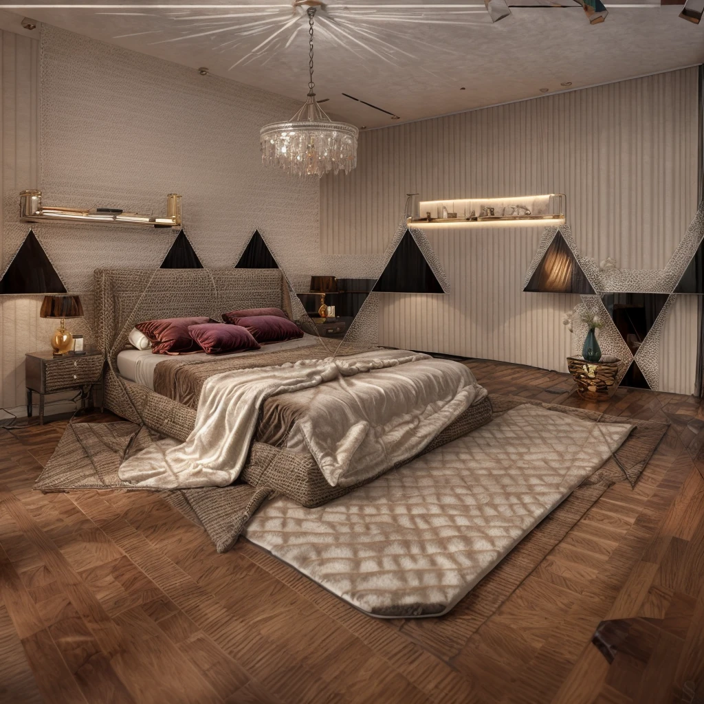 luxury bedroom, cozy lighting, elegant color scheme, 
wood floor, decoration wall, luxury chandelier, rug, luxury bed, lamp light,The color coordinates match the colorful, modern style of the triangle shape.