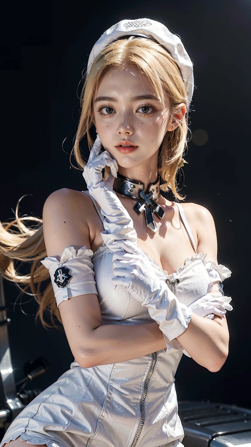 z23,, textured skin, 8k, beautiful detailed eyes, cinematic lighting, beautiful detailed face, ultra-detailed, world masterpiece theater, cinematic lighting,, 1girl, solo, blonde hair, purple eyes, hair bow, white shirt, beret,  shoulders, gloves, iron cross, bike shorts, :d, armband, white gloves, cowboy shot,