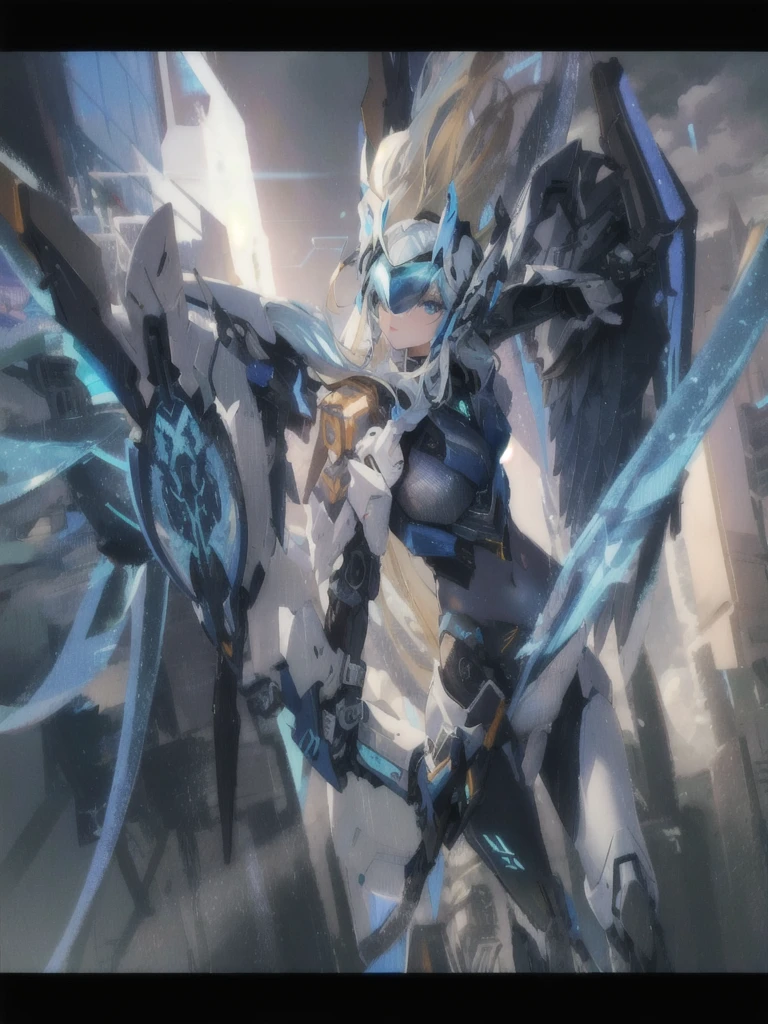 A beautiful detailed angel girl with long flowing blue hair and large blue eyes, sexy, seductive, wearing futuristic crop top body armor, mechanical wings, a black trimmed exoskeleton, flying in a futuristic white city with a clear blue visor covering the eyes, intricate details, perfect anatomy, shadows, depth of field, volumetric light, luminescent mechanical halo, embossing decoration, beautiful night sky, body facing viewer, spreading position,(best quality),(masterpiece:1.2)