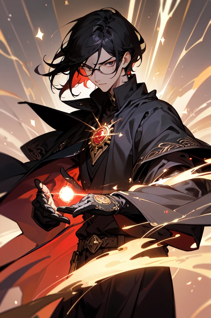 masterpiece, best quality, 1 male, young, tall muscular, handsome, finely detailed eyes, intricate details, black hair, short hair, evil face, solo, upper body, detailed dark shadow background, detailed face, good sorcerer, color magical robes, determined expression, white color scheme, dark crimson light, glowing magical runes, realistic lighting, floating particles, sparks, surrounded by gold lightning red arcane symbols, corrupted by eldritch power, bloom, glasses, gloves