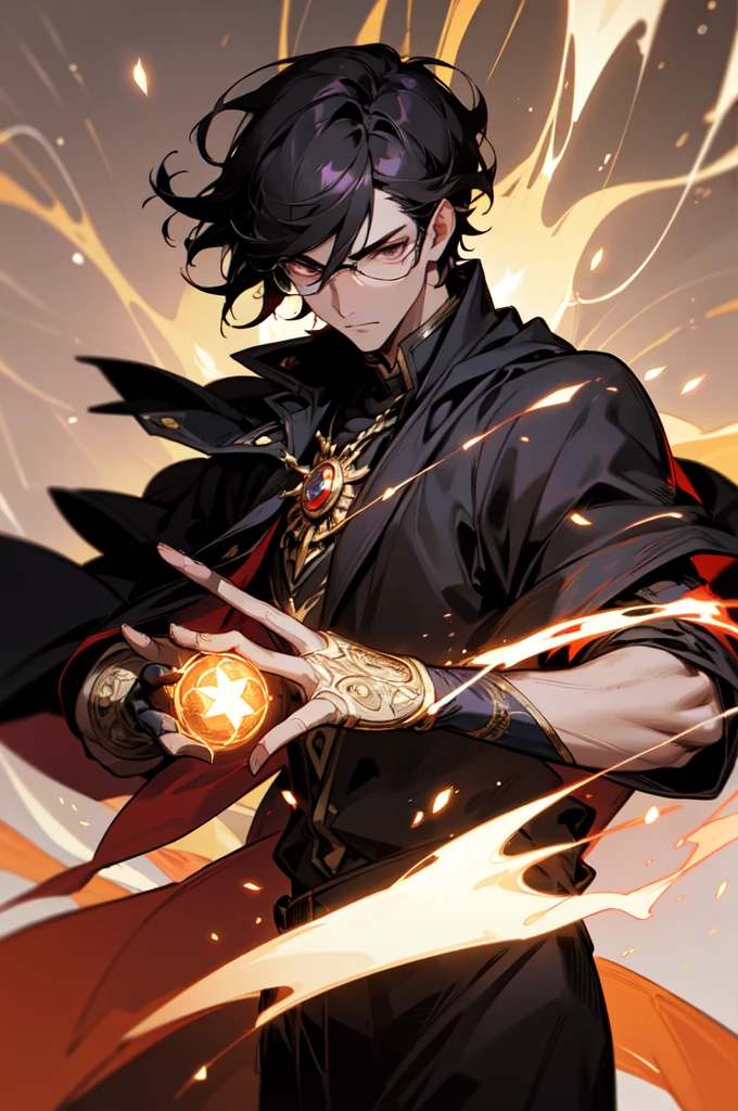 masterpiece, best quality, 1 male, young, tall muscular, handsome, finely detailed eyes, intricate details, black hair, short hair, evil face, solo, upper body, detailed dark shadow background, detailed face, good sorcerer, color magical robes, determined expression, white color scheme, dark crimson light, glowing magical runes, realistic lighting, floating particles, sparks, surrounded by gold lightning red arcane symbols, corrupted by eldritch power, bloom, glasses, gloves