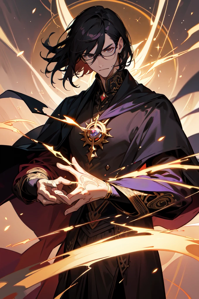 masterpiece, best quality, 1 male, young, tall muscular, handsome, finely detailed eyes, intricate details, black hair, short hair, evil face, solo, upper body, detailed dark shadow background, detailed face, good sorcerer, color magical robes, determined expression, white color scheme, dark crimson light, glowing magical runes, realistic lighting, floating particles, sparks, surrounded by gold lightning red arcane symbols, corrupted by eldritch power, bloom, glasses, gloves