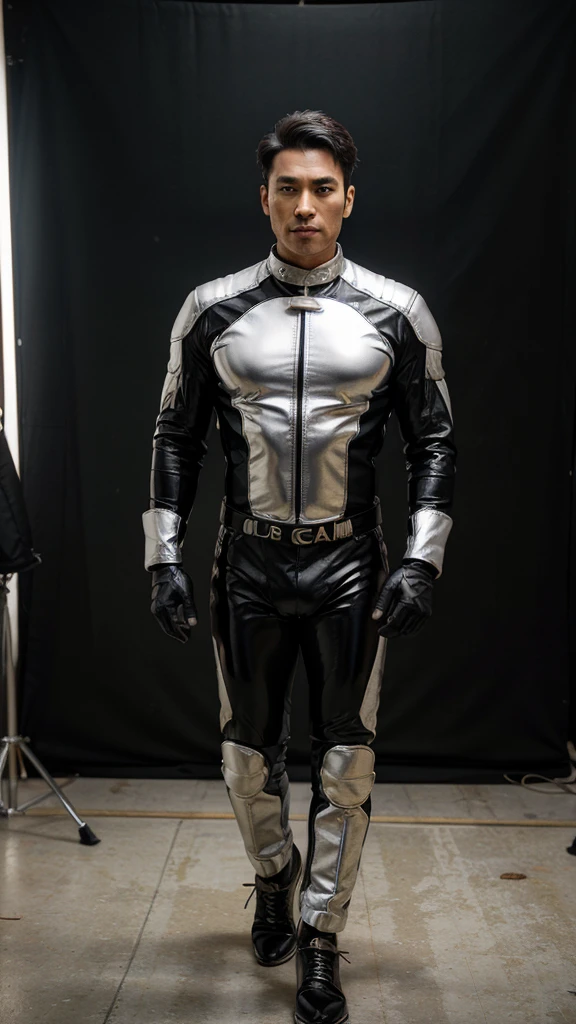 ((best quality)), ((masterpiece)), (detailed),
a 35 years old handsome,hot sexy, ultra attractive burmese man,who has six packs and biggest erect long big penis,wears silver motorcycle biker racing fighter suit,black gloves,black shoes.man is standing at 'HHT' gold text with dark silver background.he is advertising about the product 'HHT' antacid tablets by his gloved hands at indoor commercial shooting studio.Hot attractive man in realism style for advertising commercial Attractive commercial photos.