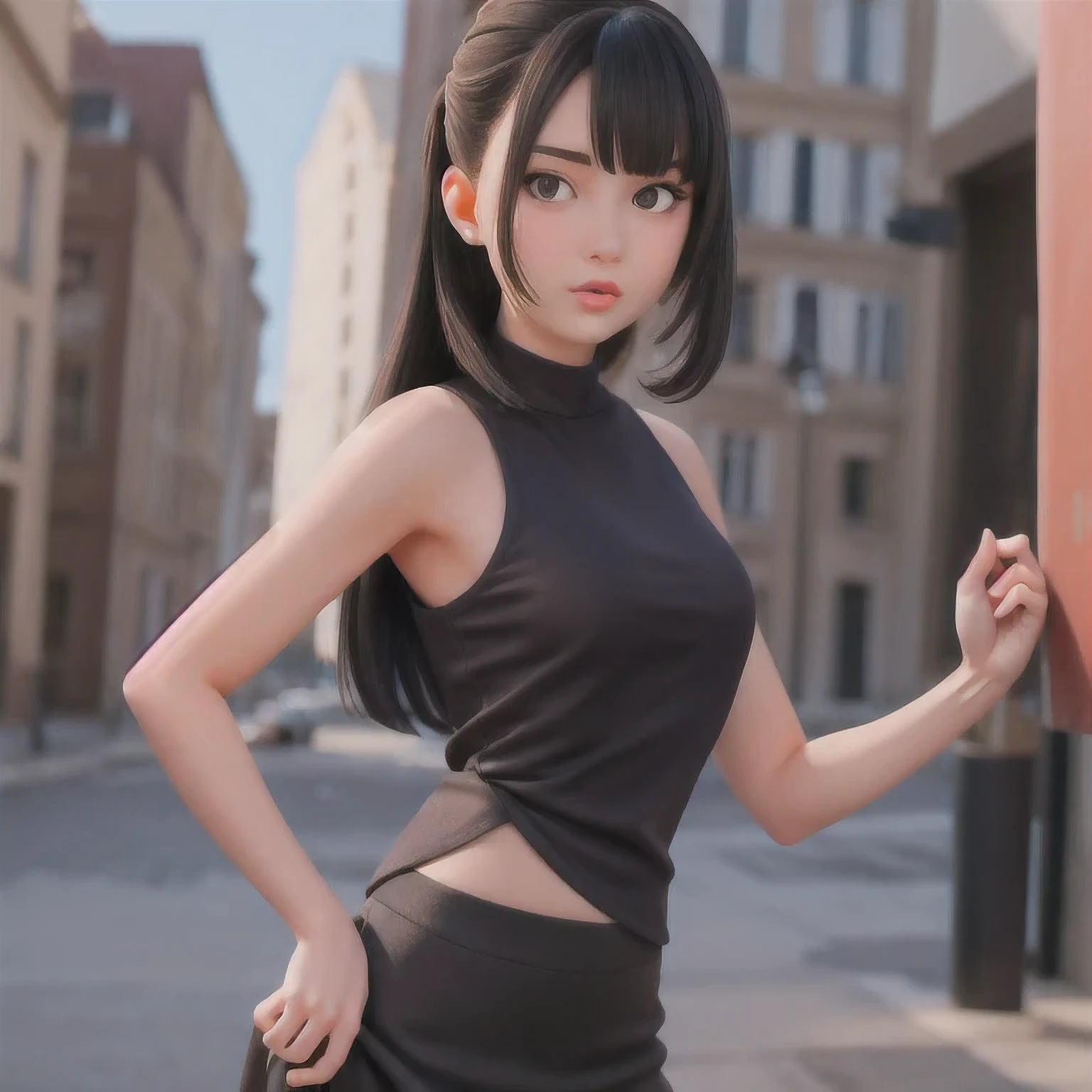 A girl in a 紫粉色 dress poses for a photo, Sleek black hair, Hair tied into a sleek low ponytail, Comb your hair back, 短Comb your hair back, She wears a black vest, 2 4-year-old female model, Very purple pink short Comb your hair back, Slicked-back hair, 19-year-old French girl, 1 girl, 独奏，a girl in a black dress posing for a picture, slicked black hair, hair in slick low ponytail, slicked-back hair, short slicked - back hair, she is wearing a purple tank top, 19 year old female model, very short slicked - back hair, slicked back hair, 19-year-old french girl，