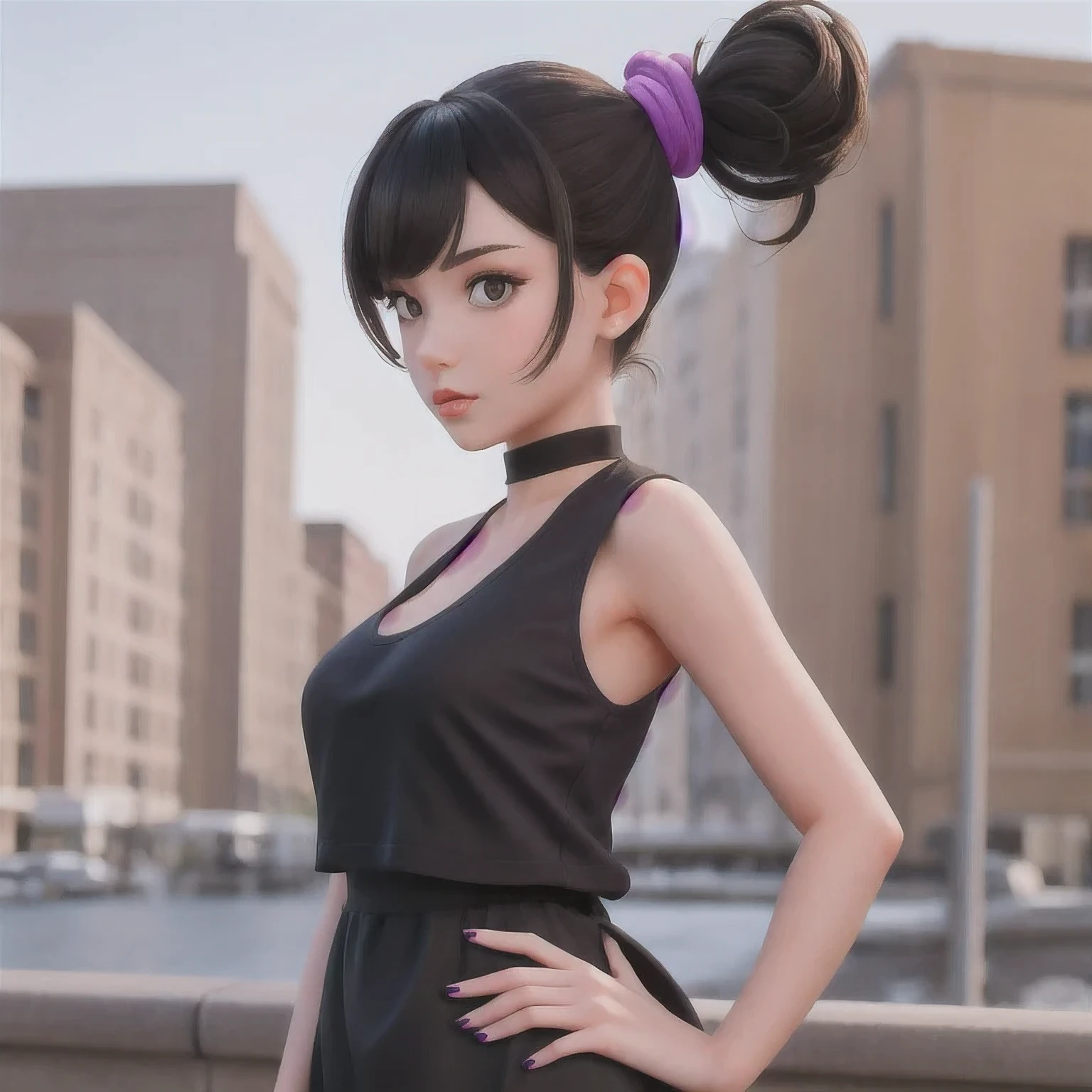 A girl in a 紫粉色 dress poses for a photo, Sleek black hair, Hair tied into a sleek low ponytail, Comb your hair back, 短Comb your hair back, She wears a black vest, 2 4-year-old female model, Very purple pink short Comb your hair back, Slicked-back hair, 19-year-old French girl, 1 girl, 独奏，a girl in a black dress posing for a picture, slicked black hair, hair in slick low ponytail, slicked-back hair, short slicked - back hair, she is wearing a purple tank top, 19 year old female model, very short slicked - back hair, slicked back hair, 19-year-old french girl，