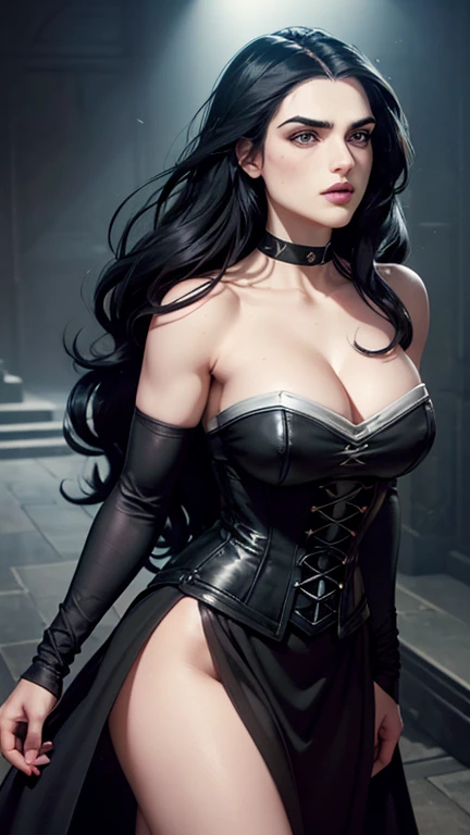 (Katie McGrath face), Generate an illustration of a young (Yennefer of Vengerberg), of Witcher 3, hair combed to sides, layered haircut, de terno preto, long hair flows to her back, hair flows straight down, black hair, Ultrarealistic Violet eyes, both eyes are similar, (big round breasts), deep cleavage, round ass, black Corset outfit in anime format with a serious style, ((black strapless dress)), Ruby black velvet choker, grey tights, black boots, gothic make up, masterpiece, ((dark lighting)), black background, puffy lips,slendered toned abs, beautiful face