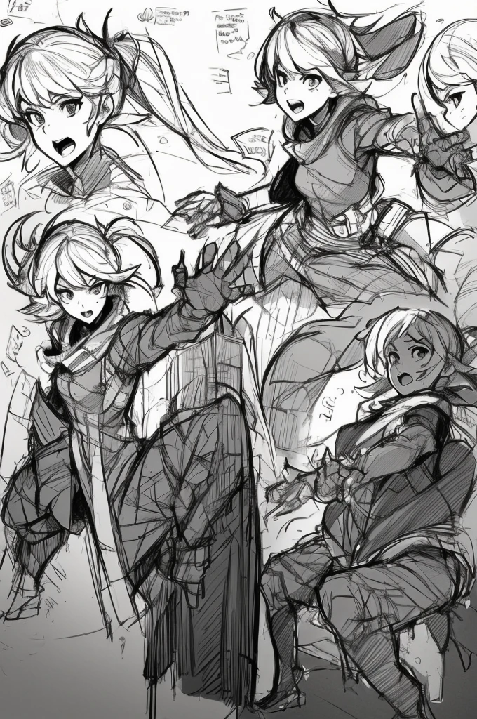 White kimono,(((Dynamic pose))),((Open mouth expression)) , ((masterpiece)),(((Highest quality))),((((sketch)))),((Monochrome)), 1 girl,(Character design sheet, same characters, whole body, ~ side, return)