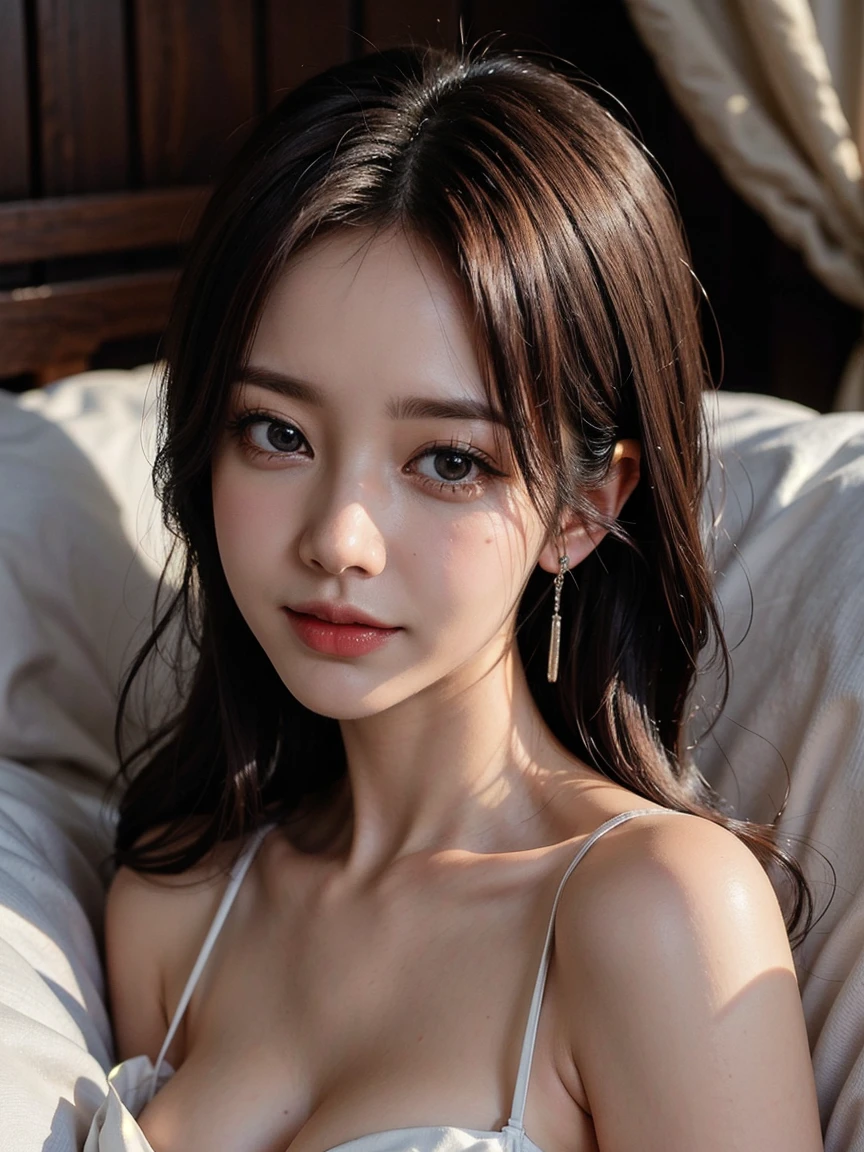 1girl, (looking at viewer:1.2), detail face, (a girl standing, rending on cgsociety, Sleeping Position，Lying on your side in bed，), romanticism, atmospheric, (RAW photo, best quality), (realistic, photo-realistic:1.3), masterpiece, an extremely delicate and beautiful, extremely detailed, D cup，With cleavage，Blue tube top dress1.5，Exquisite eye details，Shy smile 1.5，Ruddy complexion，Redness of cheeks