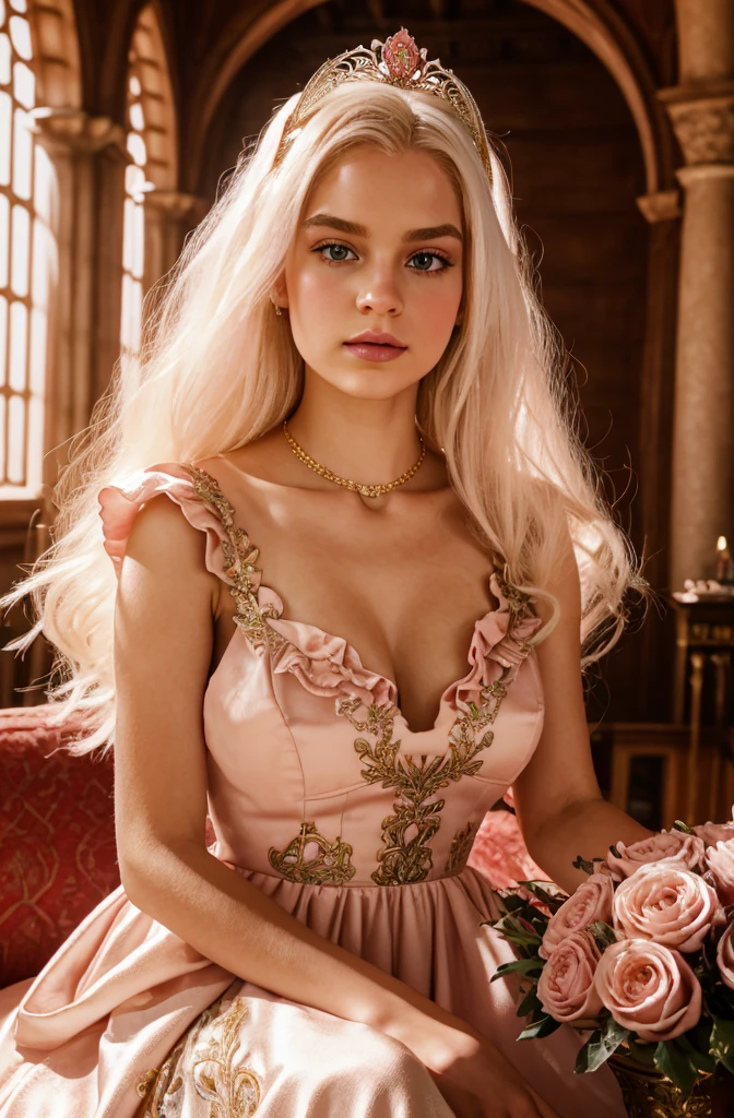 White Blonde hair, fluffy hair, stylish hair, long hair, lilac eyes, perfect eyes, beautiful, perfect face, tween, , short, kind, curvy, a flowing pale airy gown with ruffles along the bottom with tiny pink flowers and gold dragon embroideries with flowers, Her tiara had a pretty teal gemstones, silver necklace, noble class, royal, royalty, red castle, feasting hall, medieval, elegant surroundings, soft dewy makeup look, light peach blush, soft tan eyeshadow, light coral lipstick, cutesy, girlish, girly, guileless, ingénue, princess , whimsical lighting, Targaryen, dragons in the sky, photorealistic