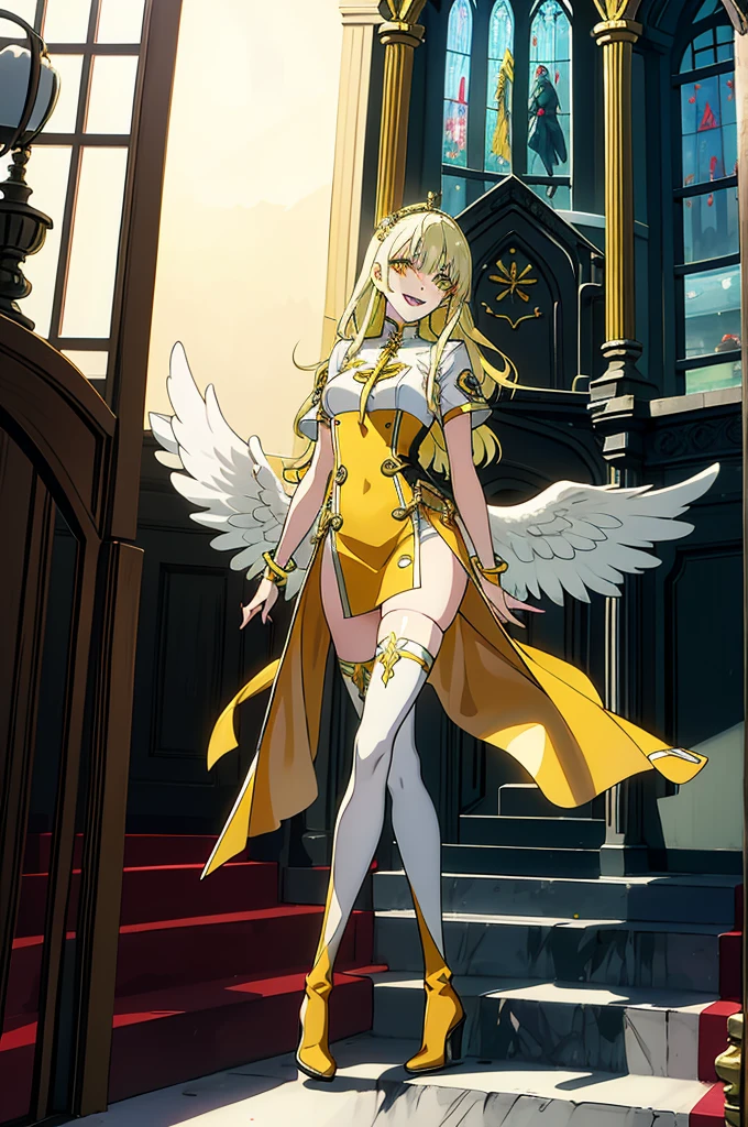 cathedral background,full body,whole body,slender,thin legs,Greenish-yellow hair，Yellow-green pupils，White clothes with green and yellow are embellished with gold and silver ornaments，She is a natural cute girl,((evil smile)),white thighhigh boots,full body,long hair,white angel wings,whole body,