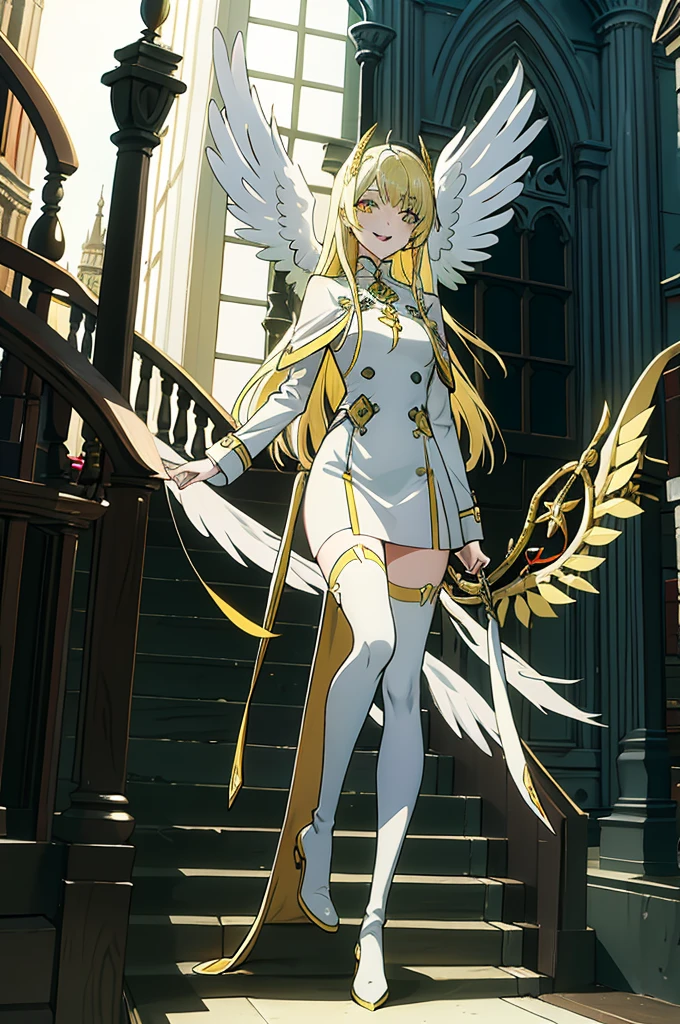 cathedral background,full body,whole body,slender,thin legs,Greenish-yellow hair，Yellow-green pupils，White clothes with green and yellow are embellished with gold and silver ornaments，She is a natural cute girl,((evil smile)),white thighhigh boots,full body,long hair,white angel wings,whole body,