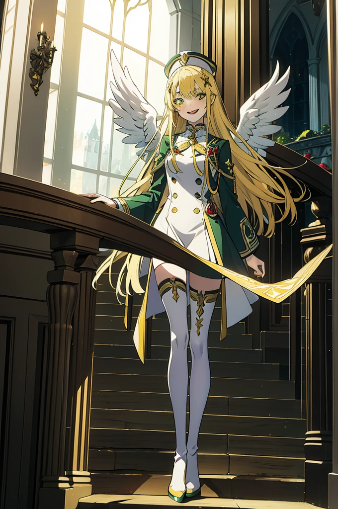 cathedral background,full body,whole body,slender,thin legs,Greenish-yellow hair,Yellow-green pupils,White clothes with green and yellow are embellished with gold and silver ornaments,She is a natural cute girl,((evil smile)),white thighhigh boots,full body,long hair,white angel wings,whole body,