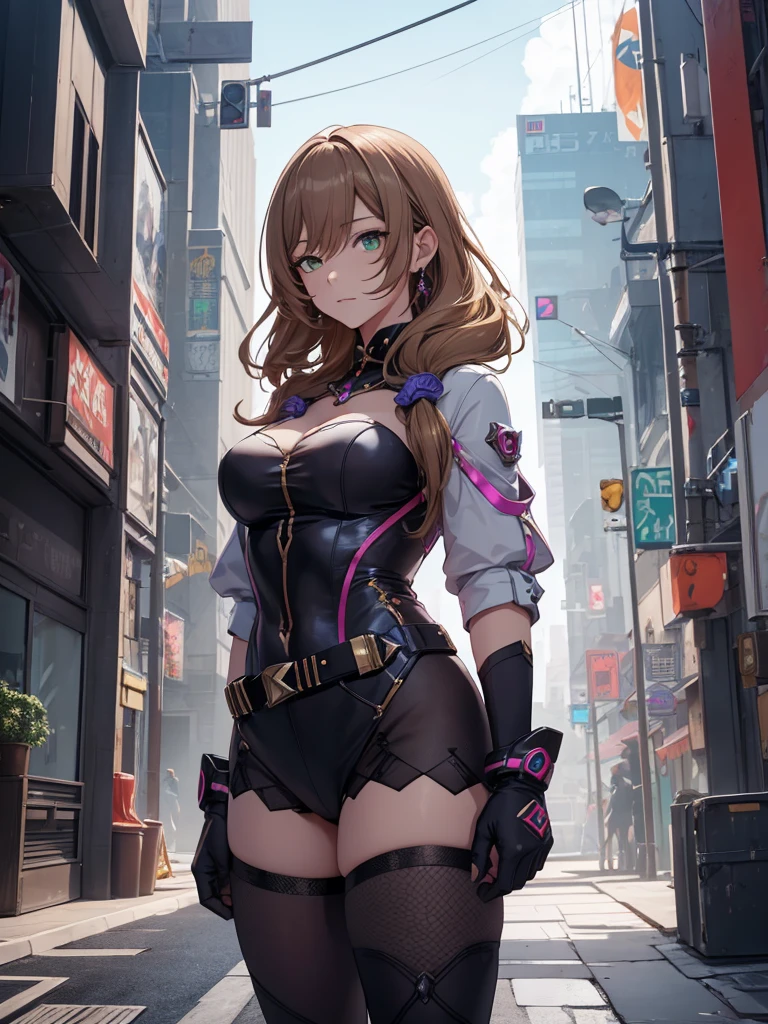 Lisa from Genshin impact, 1girl, wearing a futuristic outfit, cyberpunk outfit, at a future city, cyberpunk look, light brown colour hair, 8k, high detailed, high quality
