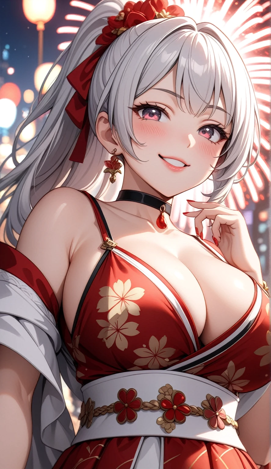 ((One personの女性)), Beautiful Face,((smile)),((Wink:1.9)),((Touching lips)), 口を大きく開けてsmile,((Bright red cheeks:1.4)),Shiny red lips,night,rooftop,Festive decorations,You can see the ocean, firework,口を開けてsmile,Glossy pink lips,Facial Lighting,((Anime style background)),masterpiece, Highest quality, so beautiful,Latest, Complex details, (Pink long nails),(ring),(bracelet),(choker),AI-generated, Complex,High resolution, Highest quality, super high quality,3D Images、3D Images,One person,Long white hair,High Ponytail,(Pale eyes),Anime woman posing for a photo, ((fine grain、Silver-white colorful eyes、Shining Eyes:1.4)),(Squint your eyes:1.1),a hyperRealistic , hyperRealistic , Realistic,Long white hairのアニメ女性, Smooth anime CG art, A woman in a colorful kimono with gold embroidery, (black furisode),Red floral pattern,Long flower hair ornament,big floral earrings,Mature Body,(Big Breasts:1.1),expensive,Abdominal muscles,Tight waist,(Zoom up to face:1.7),Shooting from diagonally below
