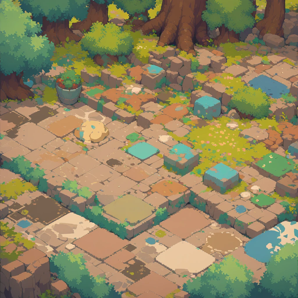 retro video game style,pixelated pastel colors,8-bit characters,blocky shapes,sharp lines,detailed shading,classic gaming vibe,nostalgic atmosphere,classic arcade games,masterpiece:1.2,ultra-detailed,illustration style, 2d texture, clay texture, stone texture, 4 k seamless mud texture, video game texture, dirt texture, tileset, game tiles, clay material, flat texture, grass, trees, foliage, rock texture, rocky ground, forest, topdown view, game texture, game art, ground very detailed, dirt, floor texture, tileable texture, flowers, bushes, shrubs, intricate ground stone, top down view, 3/4th perspective