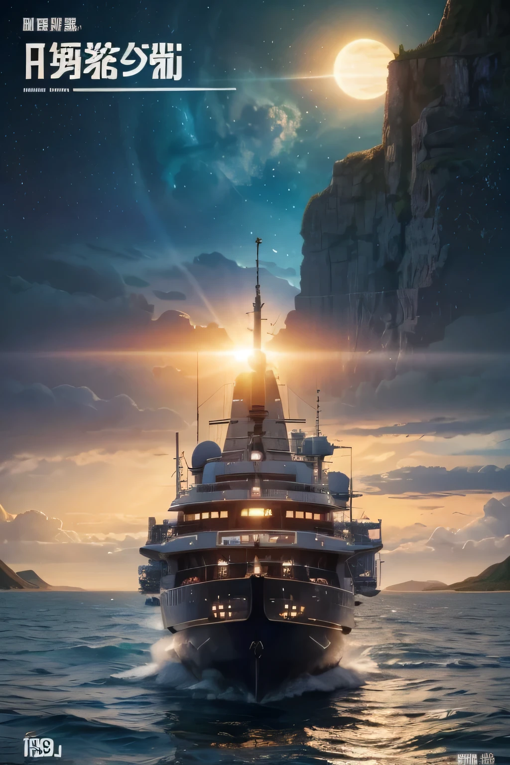 Latter-day Earth，A，sun in the sky，Future Water World，Island，Pontoon，High-quality book cover illustrations，Remove text