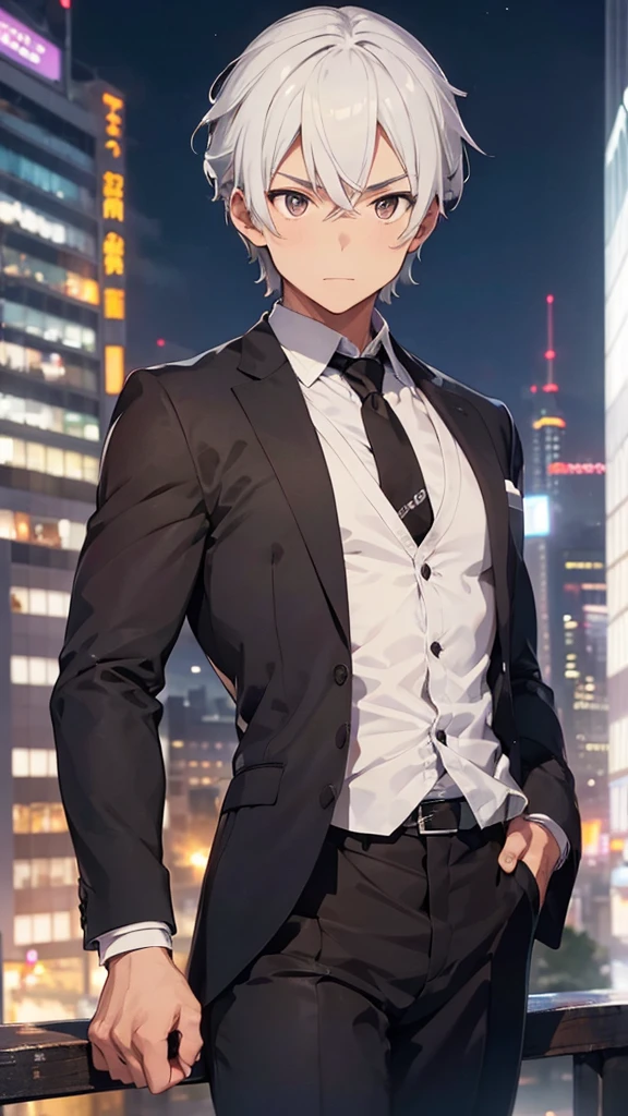 Half body portrait of a young man Has good muscles and a good figure. Smoky white hair., brown eyes wearing a plain black suit Turn around and look back at the half-body image. look back. city view at night