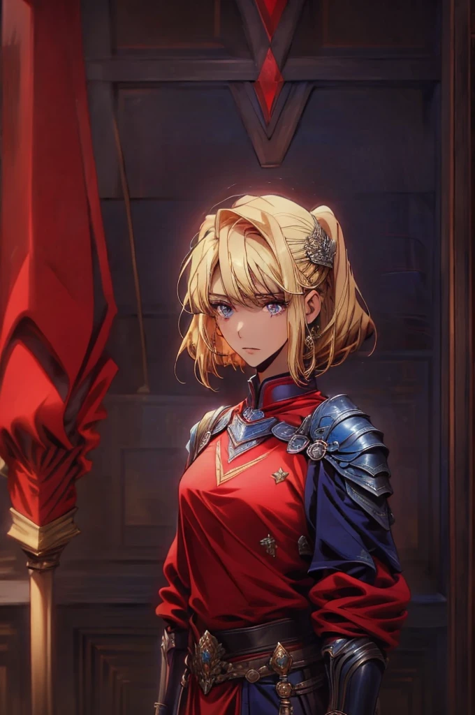 (masterpiece, best quality:1.2), solo, 1girl, cha hae-in, expressionless, looking at viewer, blonde short hair,  dark blue eyes, red armor, black collar, shoulder armor, long sleeves, gloves, gauntlets, pelvic curtain