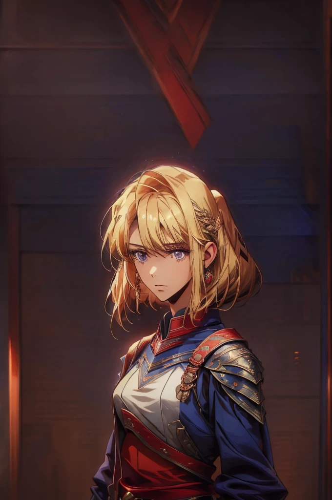 (masterpiece, best quality:1.2), solo, 1girl, cha hae-in, expressionless, looking at viewer, blonde short hair,  dark blue eyes, red armor, black collar, shoulder armor, long sleeves, gloves, gauntlets, pelvic curtain