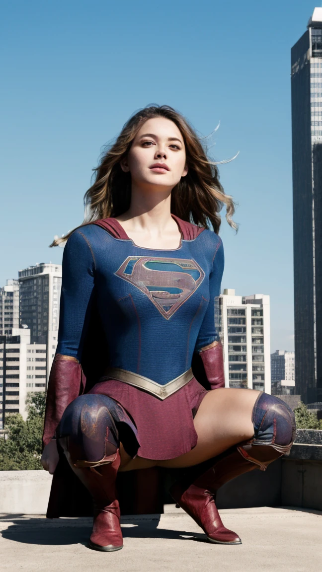 ((Highest quality)), ((masterpiece)), (Familiar), (High resolution), (Realistic), (Realistic), (Best Shadow), Low contrast, (Complex:1.4), Side lighting, 8K, ((Melissa Benoist)), ((Supergirl)), Perfect Face、detailed、(Accurate hand and finger depiction)、Supergirl女性、blonde、Plump body、Bust G cup、Big Breasts、Narrow waist、Big Ass、glamorous、glamorous、(squat)、Browsing Caution, Take off your panties、 close your eyes、sweating、Front view、Daytime、Building roof、Skyscrapers and blue sky background