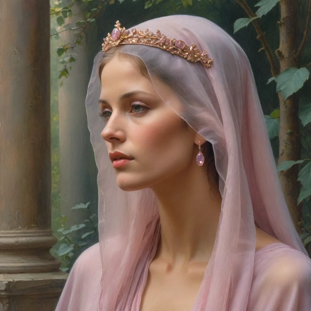 Masterpiece, ((realistic)), (propaganda poster), (((Moebius Jean Giraud))), (((((profile portrait of a veiled and Roman woman, tiara, young, priestess, sensual, imposing, dignified, proud, arrogant, wearing silk pink and mauve robes with detailed moth, rose elements))))), (((Corinthian columns, jungle background, moths)))