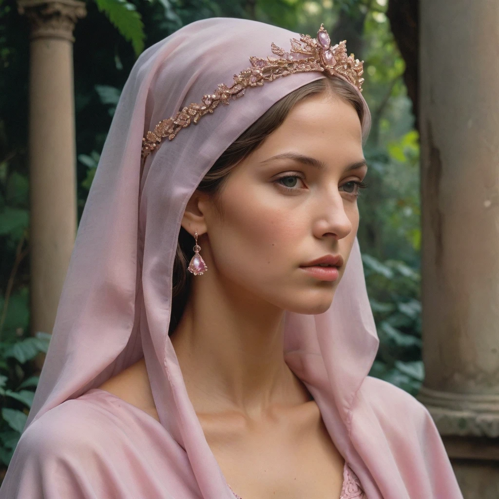 Masterpiece, ((realistic)), (propaganda poster), (((Moebius Jean Giraud))), (((((profile portrait of a veiled and Roman woman, tiara, young, priestess, sensual, imposing, dignified, proud, arrogant, wearing silk pink and mauve robes with detailed moth, rose elements))))), (((Corinthian columns, jungle background, moths)))