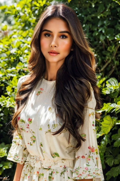 a beautiful young woman with long brown hair, detailed eyes, delicate facial features, a serene expression, wearing a white dress in a lush garden landscape, sunlight filtering through the trees, intricate floral patterns, soft colors, cinematic lighting, high quality 8k detailed digital painting