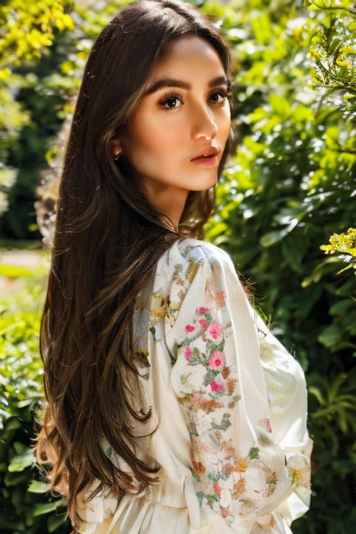 a beautiful young woman with long brown hair, detailed eyes, delicate facial features, a serene expression, wearing a white dress in a lush garden landscape, sunlight filtering through the trees, intricate floral patterns, soft colors, cinematic lighting, high quality 8k detailed digital painting