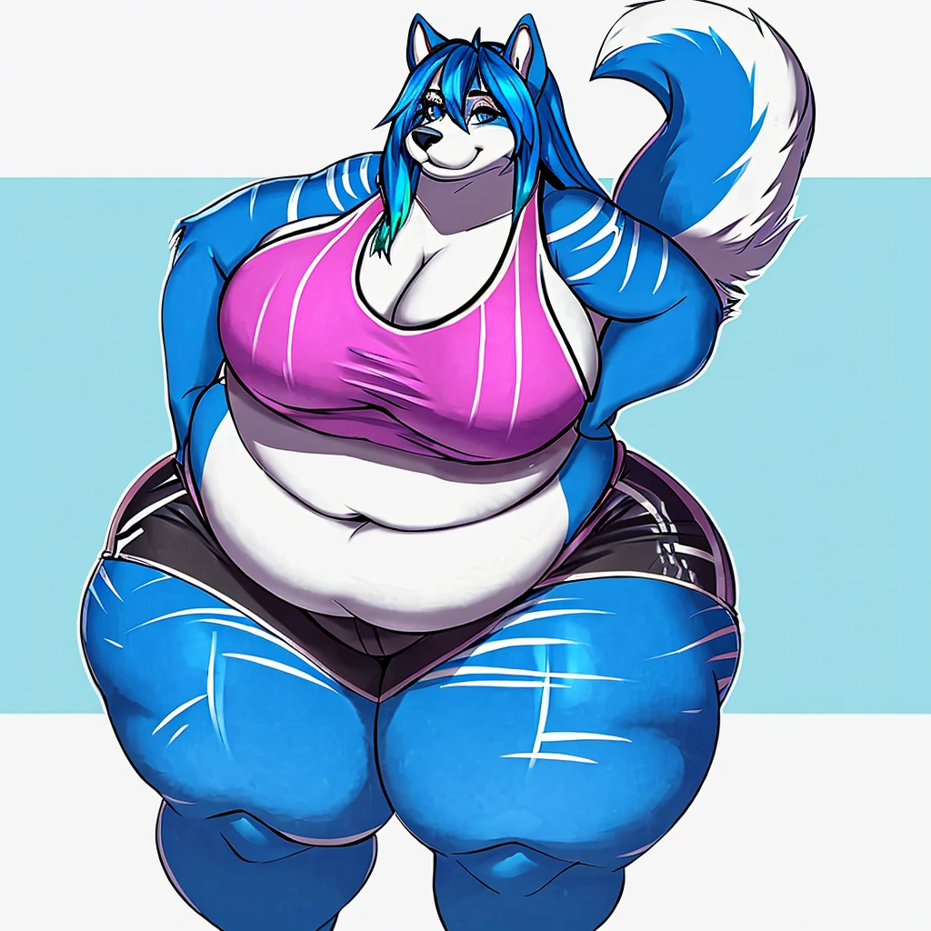Malamute, female, long hair, gorgeous, beautiful, eyelashes, voluptuous, plump, belly rolls, fat arms, fat legs, ,tank top, shorts ,huge saggy breasts ,fringe on eye,heavy top, huge hips huge thighs heavy bottom ,sports bra,sports shorts, simple background , obese, belly rolls, fat rolls, belly rolls,belly overhang,rolled up tail, blue body, light blue stripes,blue highlights ,white,whitehighlights, blue highlights, blue stripes,blue hair,huge butt, blue eyes,blue thigh markings