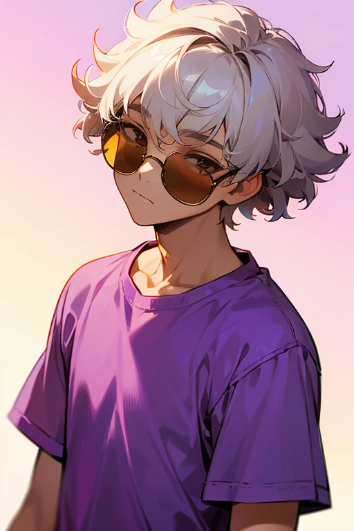 A teen boy with white curly and fluffy short hair with brown eyes and a purple tee shirt he is looking to the side and has a pair of sunglasses on his head