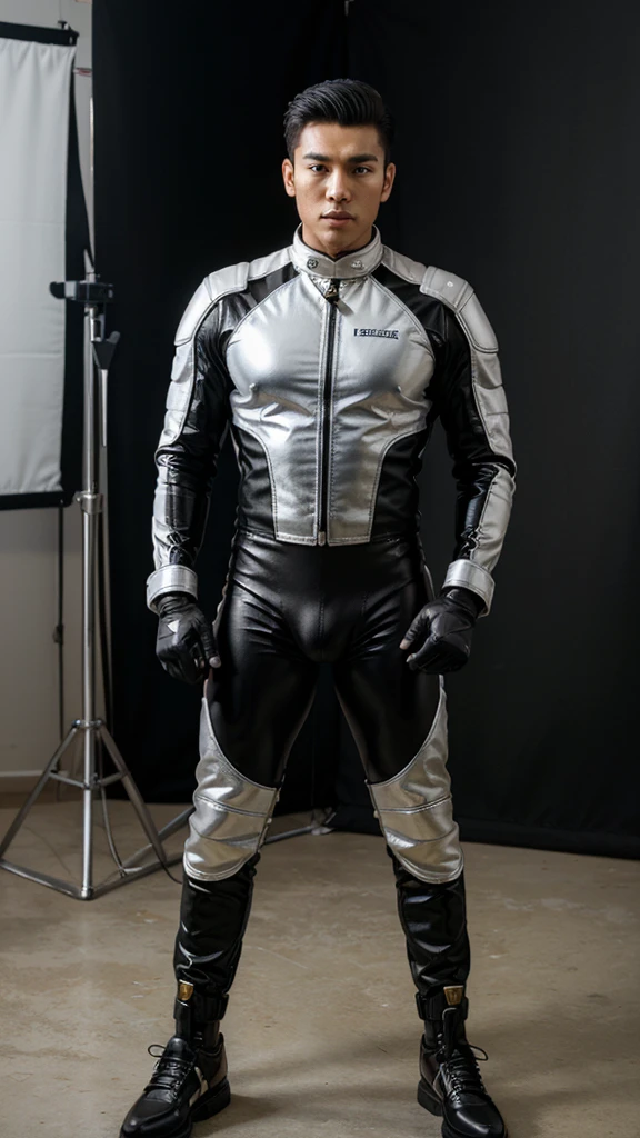 ((best quality)), ((masterpiece)), (detailed),
a 25 years old handsome,hot sexy, ultra attractive burmese man,who has six packs and biggest erect long big penis,wears silver motorcycle biker racing fighter suit,black gloves,black shoes.man is standing at 'HHT' gold text with dark silver background.he is advertising about the product 'HHT' antacid tablets by his gloved hands at indoor commercial shooting studio.Hot attractive man in realism style for advertising commercial Attractive commercial photos.