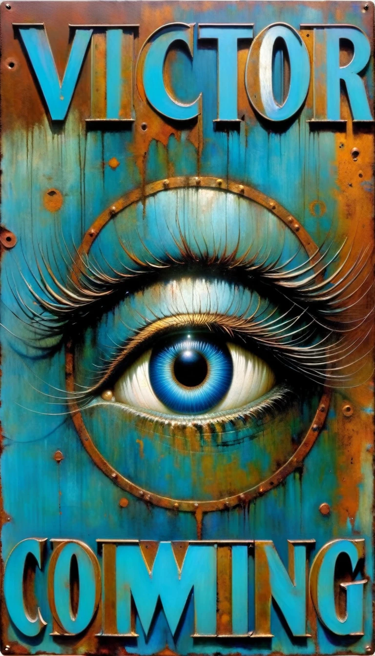 rusty blue sign with text: "VICTOR", metallic blue letters, eyes coming out of sign, word: (Dave Mckean inspired art, intricate details, oil painting)