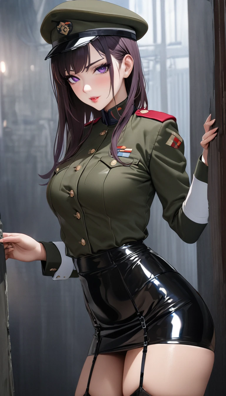 woman,(((Sexy female soldier))),(((uniform,Tight Skirt,High heels,whole bodyタイツ,Uniform cap,latex,garter belt))),(Detailed Description, High resolution，8k wallpaper，masterpiece，Highest quality,Depth of region,Anatomically accurate depiction,A face with attention to detail, Eye for detail,Nice hands, Perfect Fingers,eyelash,(Intensely glowing purple eyes,Narrow eyes,Sidelong glance,There is cleavage in the chest,A seductive smile,Large Breasts,Pink Lips,Seductive pose),(Glowing Skin、Shiny skin、Oilskin),(From above:1.1),Perfect body,Curvy Legs,(whole body),background:base