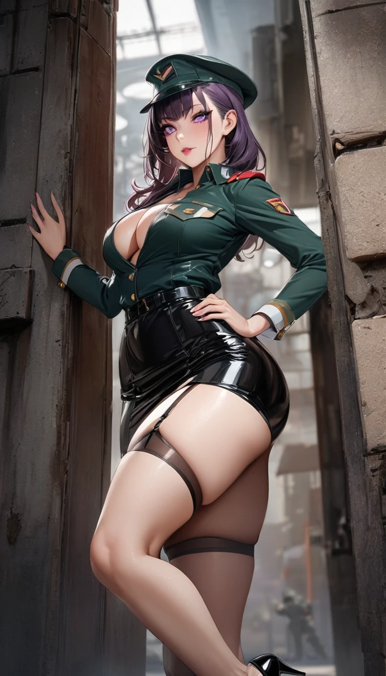 woman,(((Sexy female soldier))),(((uniform,Tight Skirt,High heels,whole bodyタイツ,Uniform cap,latex,garter belt))),(Detailed Description, High resolution，8k wallpaper，masterpiece，Highest quality,Depth of region,Anatomically accurate depiction,A face with attention to detail, Eye for detail,Nice hands, Perfect Fingers,eyelash,(Intensely glowing purple eyes,Narrow eyes,Sidelong glance,There is cleavage in the chest,A seductive smile,Large Breasts,Pink Lips,Seductive pose),(Glowing Skin、Shiny skin、Oilskin),(From above:1.1),Perfect body,Curvy Legs,(whole body),background:base