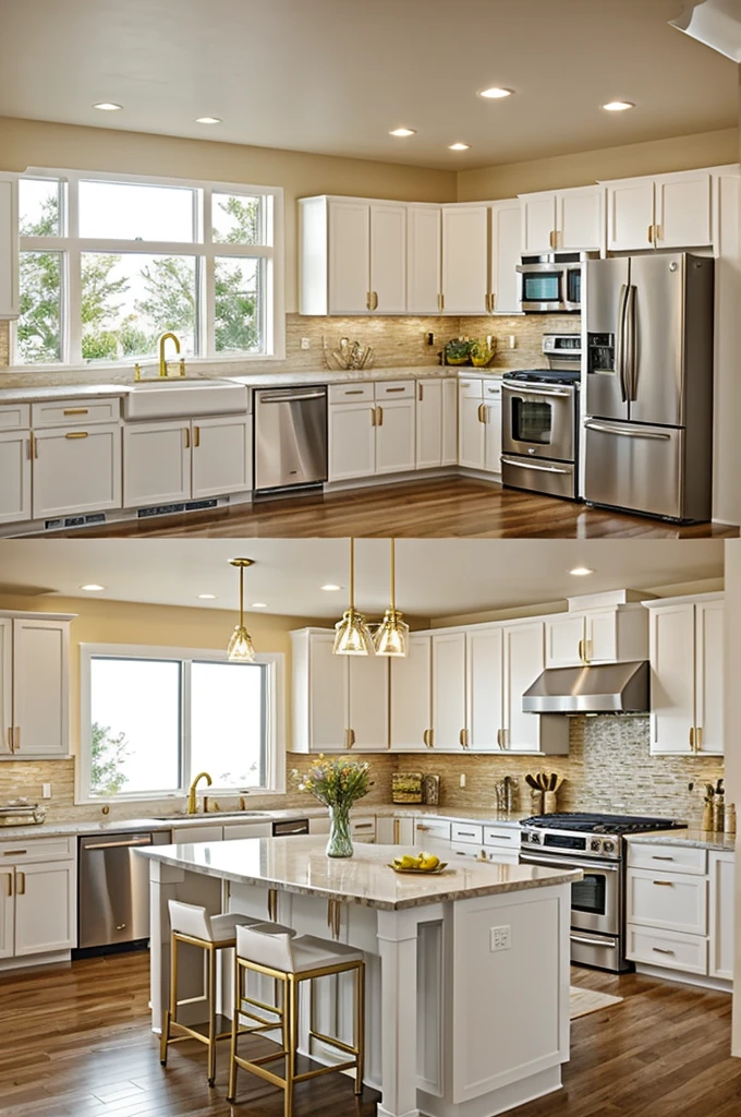 Recreate a kitchen with white shaker-style cabinets that reach the ceiling, a center island with a white quartz countertop and bar chairs with gold legs. The island has a sink and space for food preparation, with golden hanging lamps above. The walls are a light beige tone and there is a large window that lets in a lot of natural light. The appliances are stainless steel, and there are LED lights under the cabinets to illuminate work surfaces.