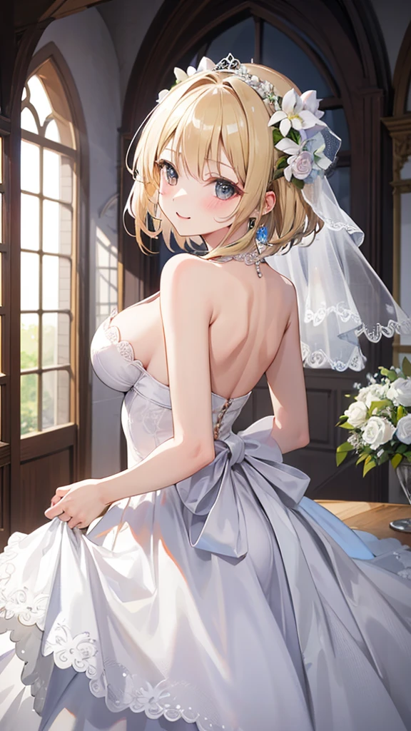 masterpiece、Highest quality、blonde、Shortcuts、White flower corsage、blush、20-year-old female、Big Breasts、((turn around))、Place one hand on a sword、(White Wedding Dress)、White flower scenery inside the castle、(short white frilly skirt)、Like a bride、detailed、One person、smile、The face is Zeta、don't wear armor、Gold embroidery on clothing、Natural Hands、White skin、Accentuate your butt、8K、Two arms、Do not show underwear、I can see your thighs、